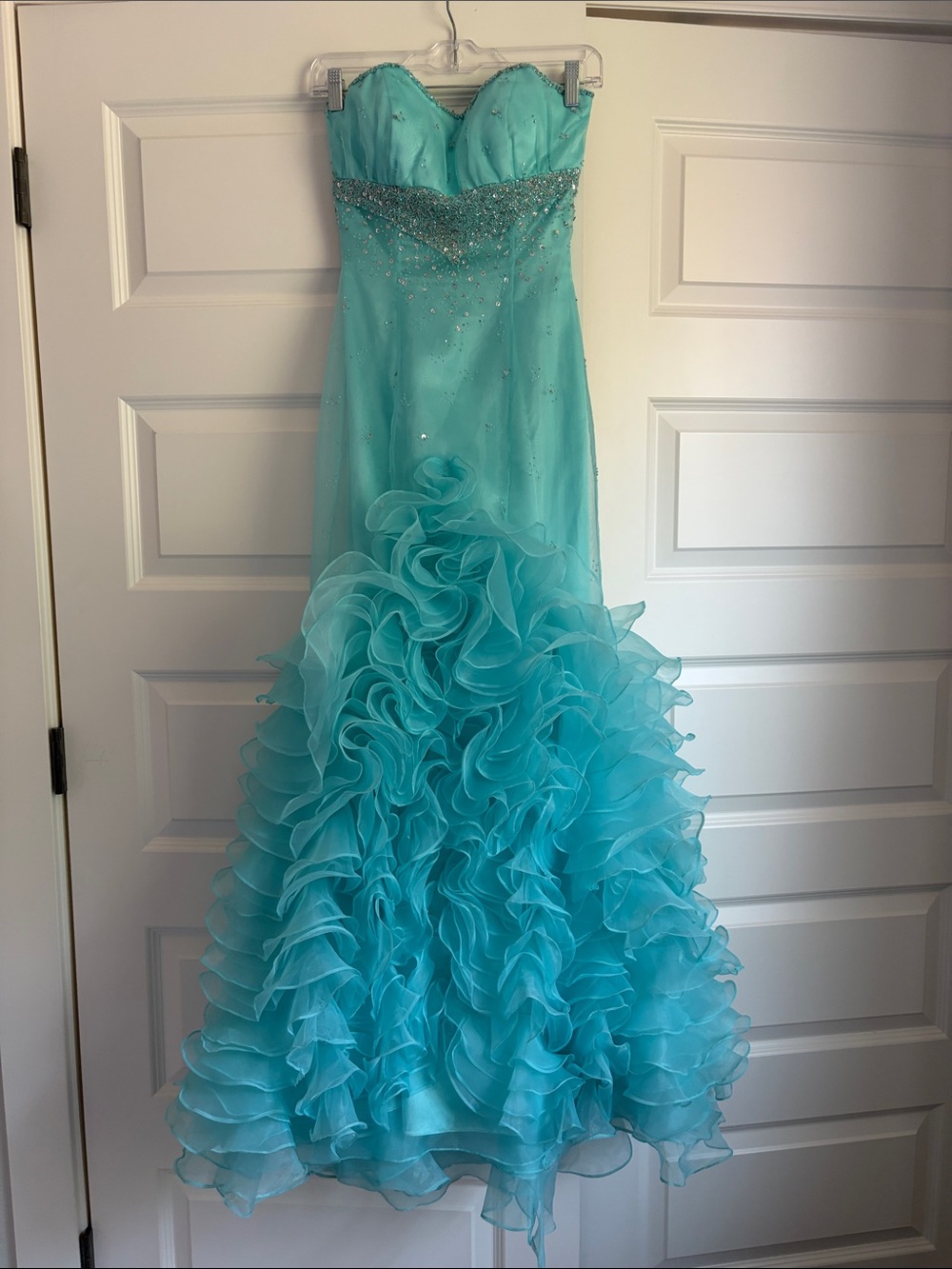 Strapless Ruffled Tulle Prom Dress in Aqua